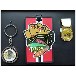 Chicago Blackhawks Spinning Keychain,Luggage ID Tag and a Brass Money Clip