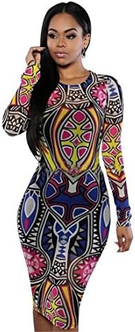 Sexy Women Tribal Tattoo Print Bandage Bodycon Vintage Party Clubwear Midi Dress (XL, Multi-Color)