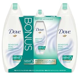 Dove Body Wash, Sensitive Skin, Value Pack (Bonus Body Wash 24 Ounce, Bonus Body Wash 6.67 Ounce, Free Bath Pouf)