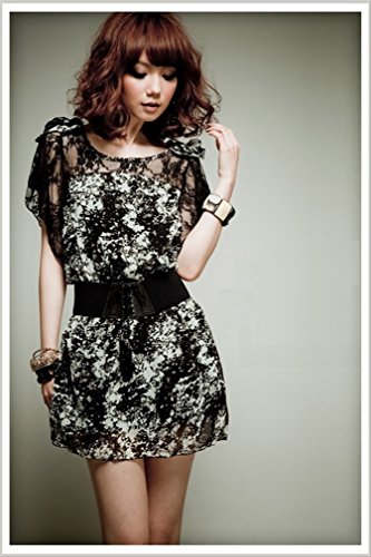 - eriira - レース袖 シフォン チュニック ワンピース ハイウエスト太ベルト セット / モノトーン ミニ丈 セクシー 細見え 軽い着心地 デニムとの相性抜群