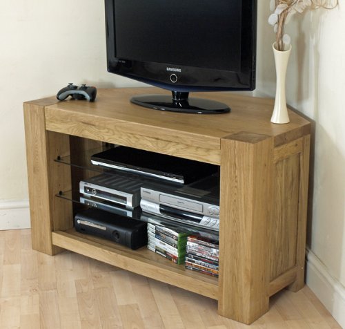 KUBA SOLID OAK & GLASS CORNER TV UNIT STAND CABINET
