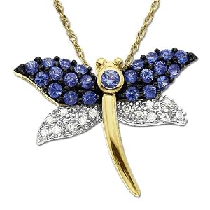 14k Yellow Gold Blue Sapphire and Diamond Dragonfly Pendant