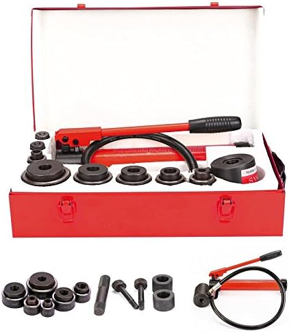 SMTHouse Hydraulic Punch Pneumatic 10 Ton Hydraulic Knockout Punch Driver Kit 6 Dies Hole Tool with Metal Case Red