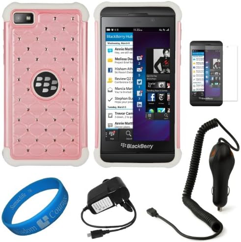 (Pink) Studded Diamond Hybrid Faceplate Cover w/ White Silicone Skin for BlackBerry Z10 4G LTE Smart Phone + Clear Anti Glare Screen Protector Strip w/ Cleaning Cloth + Black Micro USB Wall & Car Charger Bundle Kit