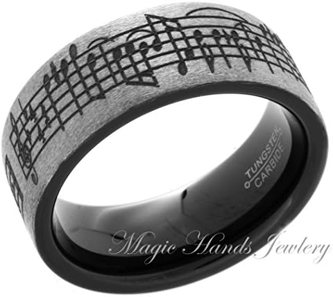 Custom Music Ring Tungsten Wedding Band Wedding Song Tungsten Ring Tungsten Band Music Sheet Laser Engraved Ring 9mm Satin Finished Comfort Fit Two Tone Free Custom Laser Engraving
