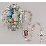 Guardian Angel Pink Rosary with Box Baptism Christening Communion Gift