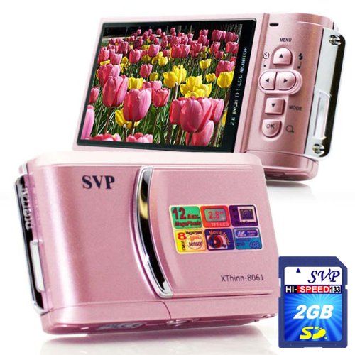 SVP Xthinn-8061 Pink 12MP Max 2.8-inch LCD Slim Digital Camera with rechargeable battery + FREE SVP 2GB High Speed SD Memory Card