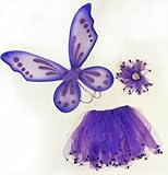 3 Piece Girls Pixie Fairy Costume Wing, Tutu, Hair-Tie (Pony-O) Set. Select Color: Purple