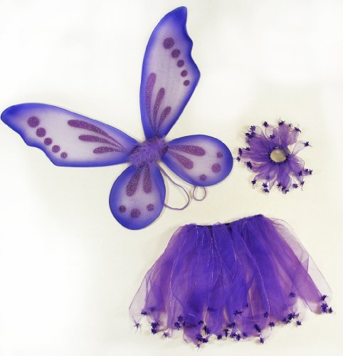 3 Piece Girls Pixie Fairy Costume Wing, Tutu, Hair-Tie (Pony-O) Set. Select Color: Purple