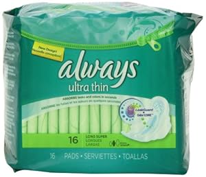 Always Ultra Thin Long/Super With Wings Unscented Pads 16 Count