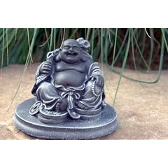 Gartenfigur Buddha klein Steinguss Schwarz/Schiefergrau