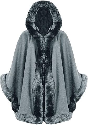 Ladies Plain Faux Fur Trim Hoody Cape Shawl Poncho Coat Top(one Size) (One Size, Grey)