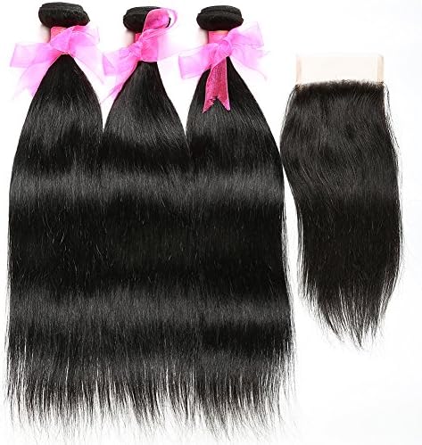 Ivalue Brazilian Hair Straight 3 bundles 12 14 16 inch with 12 inch Lace Closure 44 Free Part 100% Unprocessed Human Hair Extension Brazilian Hair Weave Straight Grade 6a