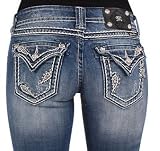 Womens Miss Me Jeans Boot Cut Designer Jeans Double Whipstitch & Paisly Design with Studs and Crystals