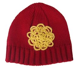 Handmade Acrylic Hat with Crocheted Embellishment - Girls (Deep Red and Yellow)