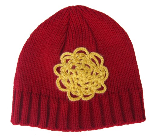 Handmade Acrylic Hat with Crocheted Embellishment - Girls (Deep Red and Yellow)