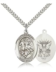 Large Detailed Mens .925 Sterling Silver Saint St. George Medal Pendant 1 x 3/4 Inches Boy Scouts/Soldiers-7040- Comes with a Stainless Silver Heavy Curb Chain Neckace And a Black velvet Box