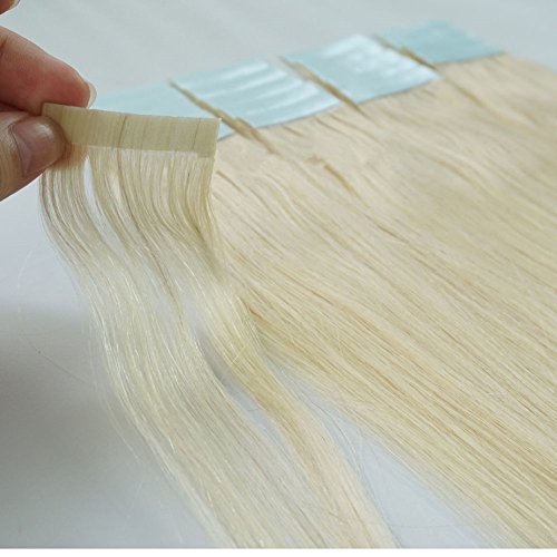 FANGYUANHAIR 16 Inches Platinum Blonde 20pcs Straight Tape in Real Human Hair Extensions (Color-60)