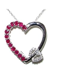 9K White Gold Womens Double Heart Ruby & Diamond Pendant & 18" Chain Necklace