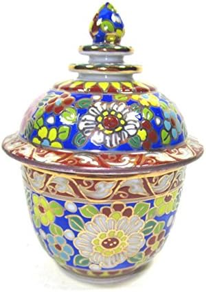 Porcelain Bowl with Lid Home Decorative Thai Benjarong Ceramic Pottery Hand Painted Kitchenware Dish Plate Jar Collectible Diameter 2.5 Inch No.13