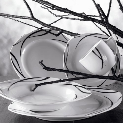 Domestic 920463 Oslo Porzellan Kombiservice 30-teilig mit je 6 Tassen, Untertassen, Dessertteller,Teller tief, Teller flach