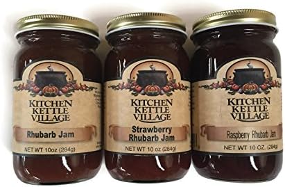Rhubarb Jam Variety Pack: Original, Strawberry Rhubarb &amp; Raspberry Rhubarb, Kitchen Kettle Village (Amish Made), 10 Oz. Jars [1 of Each]