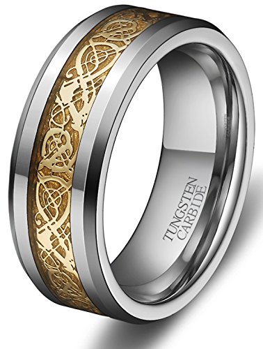 6MM / 8MM Men's Women Gold Celtic Dragon Inlay Tungsten Ring Comfort Fit Wedding Band Size 4 - 15