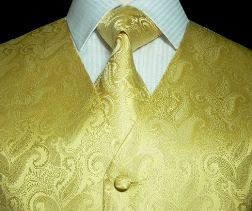 TheDapperTie Silk Vest Set:Yellow Paisley 484VS(Size: L)