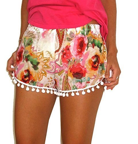 Dorzi Women's Summer High Waisted Tassel Floral Tribal Beach Casual Shorts Pants