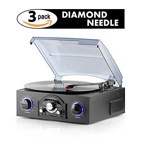 Record Player with 3 Pack Diamond Tip Needle - Spin Your Records and Relive Those Sweet Memories - Plug and Play with Built in Speakers - Easily Record Music from Vinyl to MP3 via USB or SD Card