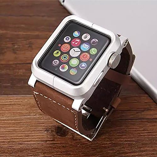 Apple Watch All In One Rugged Case &amp; Band, Crazy Panda® Premium Genuine Leather Strap Wrist Band Replacement Metal Clasp for Apple watch All Models -38mm(metal case+cow leather band)