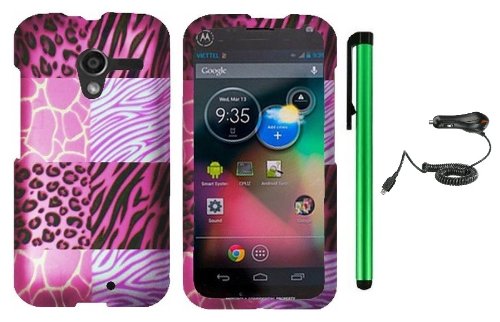 Motorola Moto X Phone Accessory (2013 Fall Released) - Premium Cute Design Protector Hard Cover Case / Car Charger / 1 of New Metal Stylus Touch Screen Pen (Pink Exotic Skins : Leopard & Zebra & Block)
