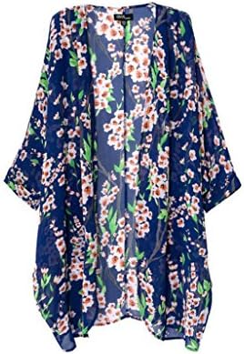 ZeggA Women's Chiffon Dark Blue Tribe Pattern 3/4 Sleeve Loose Kimono Navy Tag M