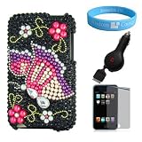 Apple iPod Touch 2G 3G Full Diamond Black Rainbow Cover + Mirror Screen Protector + iPod Touch Retractable Car Charger + Wristband