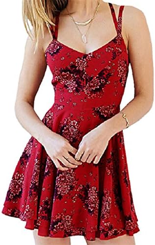 UWISH Lady Backless Cross Spaghetti Strap Floral Chiffon Mini Swing Dress Red 8