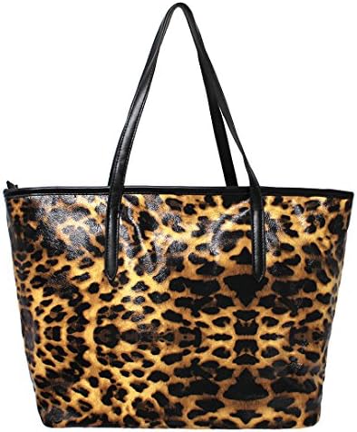 Bot Women Leather Double Side Leopard Print Tote Shoulder Bag Causal Handbag (Deep Leopard)
