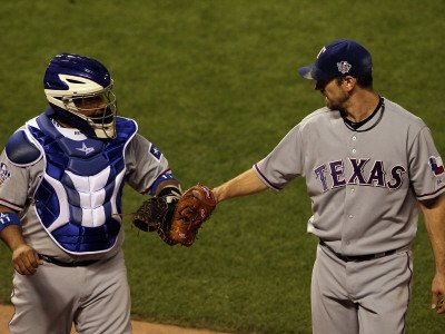 Texas Rangers v San Francisco Giants, Game 1: Cliff Lee, Bengie Molina Photographic Poster Print by Justin Sullivan, 12x16
