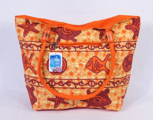 Water Resistent Fish Turtle Design Canvas Beach Tote Bag Zipper Closure with Wood Balls 21 X 15 X 6
