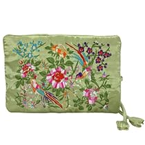 Silky Embroidered Brocade Jewelry Travel Organizer Roll Pouch - Peridot Green