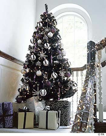 Prelit Art Christmas Trees - Black Artificial Christmas Tree & Stand Tuxedo Style