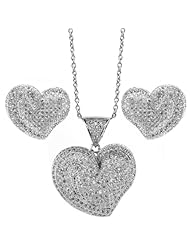 Sterling Silver Pave Setting Zirconia Heart Earrings Pendant Set With 18" Chain