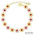 15 Linked Flowers Bracelet by Lucia Costin Made of 24K Yellow and Pink Gold Plated over .925 Sterling Silver with Red Swarovski Crystals and Lovely Dots; Handmade in USA