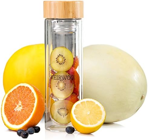 Travel Size 16 Oz Tea Infuser Tumbler &amp; Glass Bottle by Weirwood | Includes Neoprene Sleeve | Refined Bamboo Lid, Durable Double Wall Insulated Glass Bottle, Stainless Steel Loose Tea Infuser