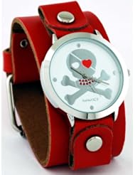 Nemesis Womens Red Leather Band with Round Skull Watch Case