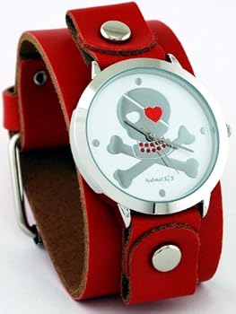 Nemesis Women's Red Leather Band with Round Skull Watch Case