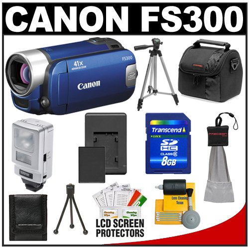 Canon FS300 Flash Memory Digital Video Camcorder  w/ 41x Advanced Zoom and 2.7-inch Widescreen LCD with 8GB Card + Spare Battery & Charger + Video Light + Tripod Accessory Kit
