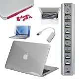 Premium Skque Clear Hard Plastic Crystal Case + 11.6 Inch Screen Protector + Palm and Track Pad Protector + USB to RJ45 LAN Ethernet Network Adapter + 10 Port High Speed USB 2.0 Hub + Hot Pink Anti Dust Plug Cover for Apple MacBook Air 11.6