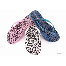 Ladies/Womens Flip Flops with Leopard Print (Pink White Blue)