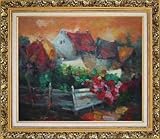 Impressionism Garden Village Oil Painting 26 x 30 inches, with Ornate Antique Dark Gold Wood Frame