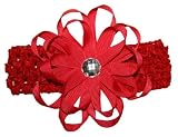 Rhinestone Ribbon Flower Hair Bow Headband ~ Red